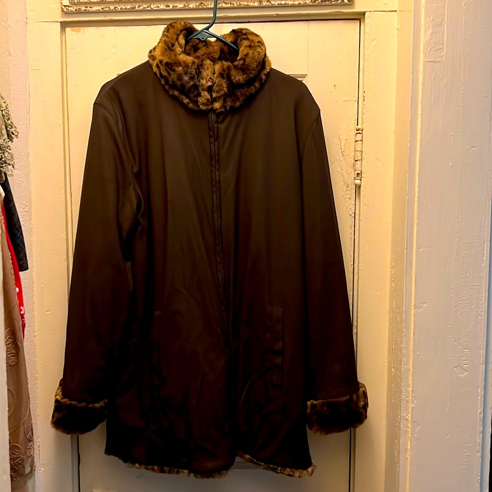 Alpine Studios, fully reversible winter raincoat! leopard fur on reverse.